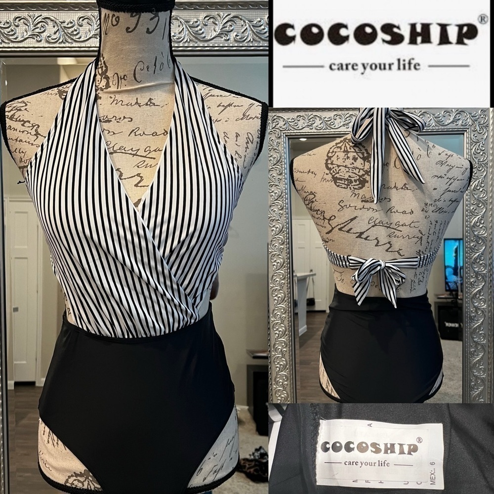 Cocoship Black and White Striped Swimsuit Size 6